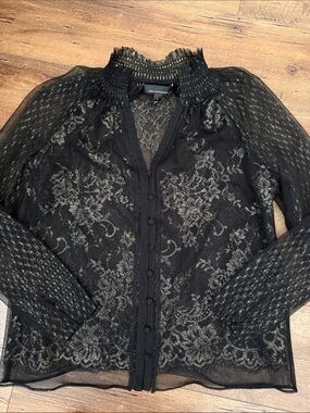 White House Black Market Black Lace Button-Front Blouse